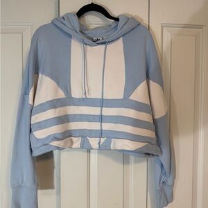 adidas Light Blue and White Women's Cropped Hoodie Size M